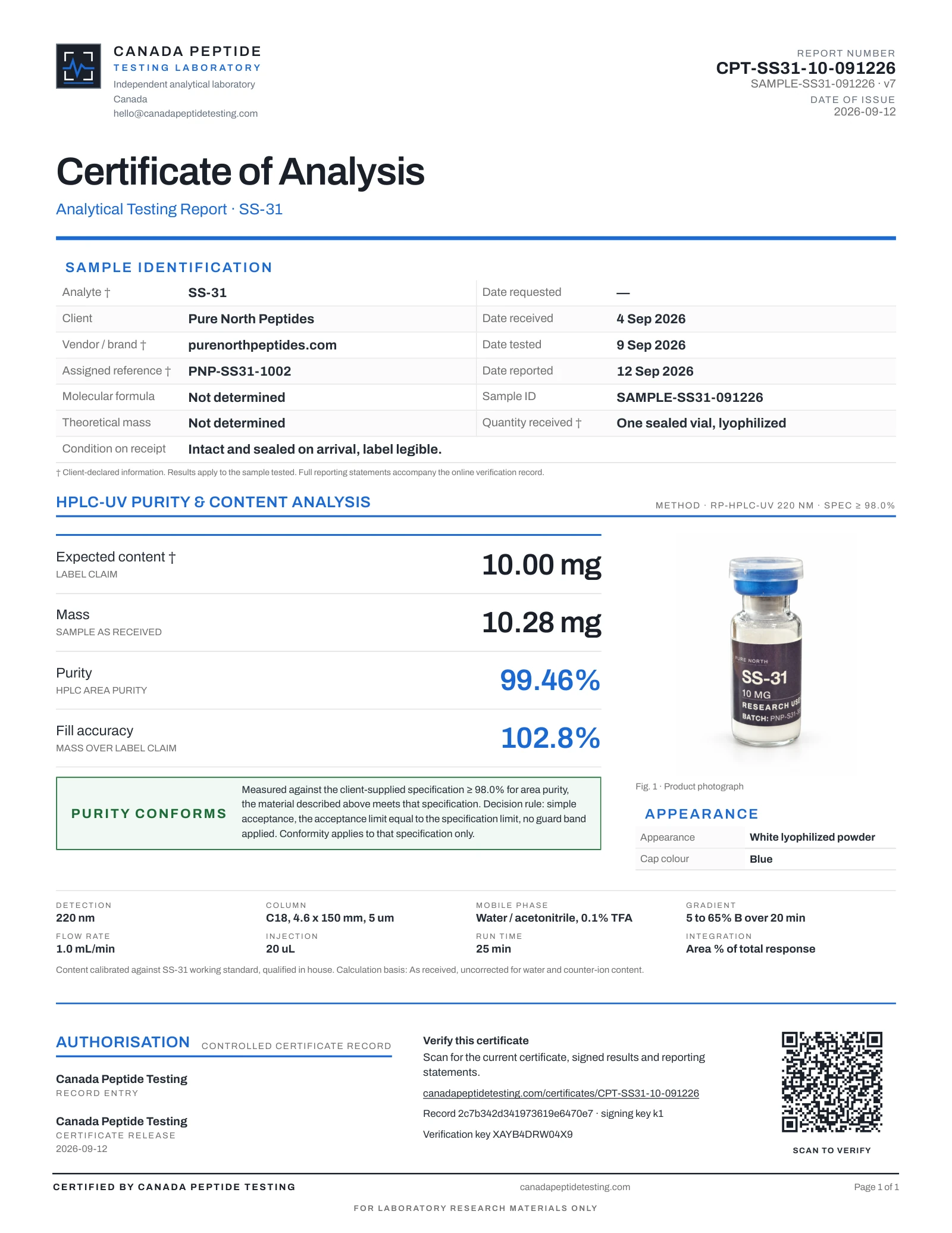 Canada Peptide Testing certificate of analysis for SS-31 10 mg vial, report CPT-SS31-10-091226