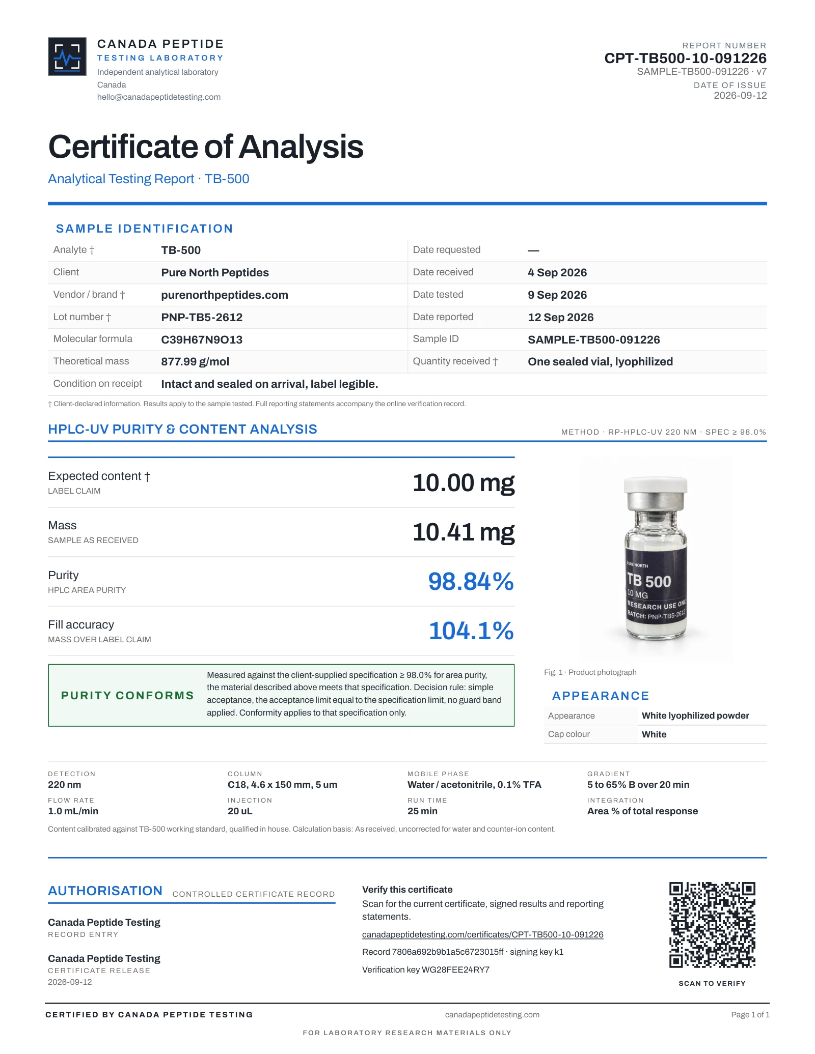 Canada Peptide Testing certificate of analysis for TB-500 10 mg vial, report CPT-TB500-10-091226