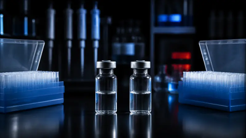 Editorial laboratory scene for Bacteriostatic water vs sterile water for peptide reconstitution