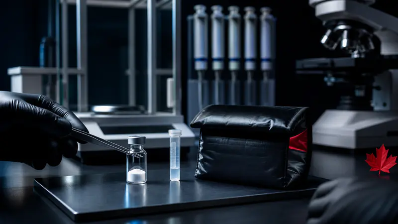 Editorial laboratory scene for BPC-157 in Canada: A Researcher's Buyer Guide