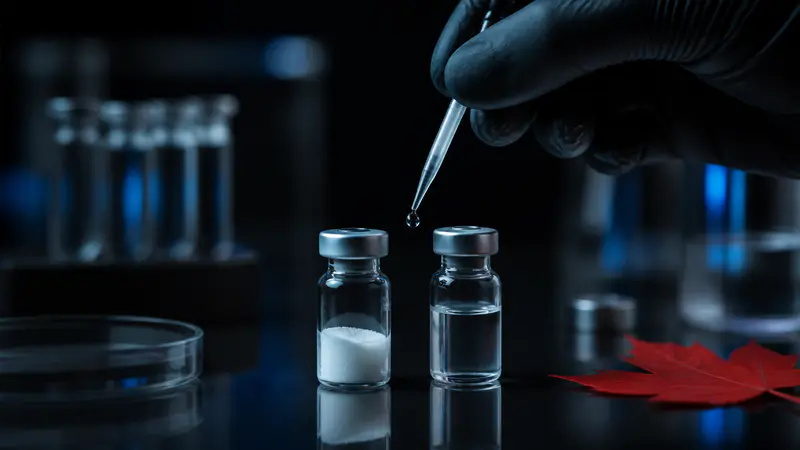 Editorial laboratory scene for BPC-157 reconstitution protocol, Canadian researcher's quick reference
