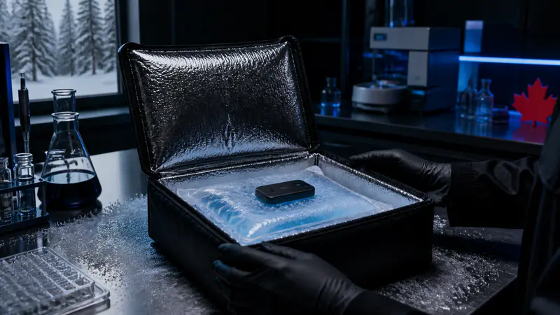 Editorial laboratory scene for Canadian peptide cold chain in winter