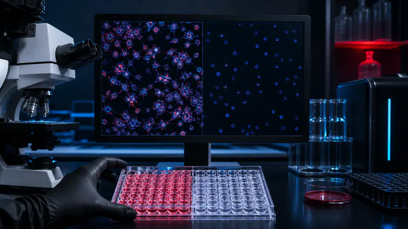 Editorial laboratory scene for FOXO4-DRI senolytic peptide, selective senescent-cell apoptosis