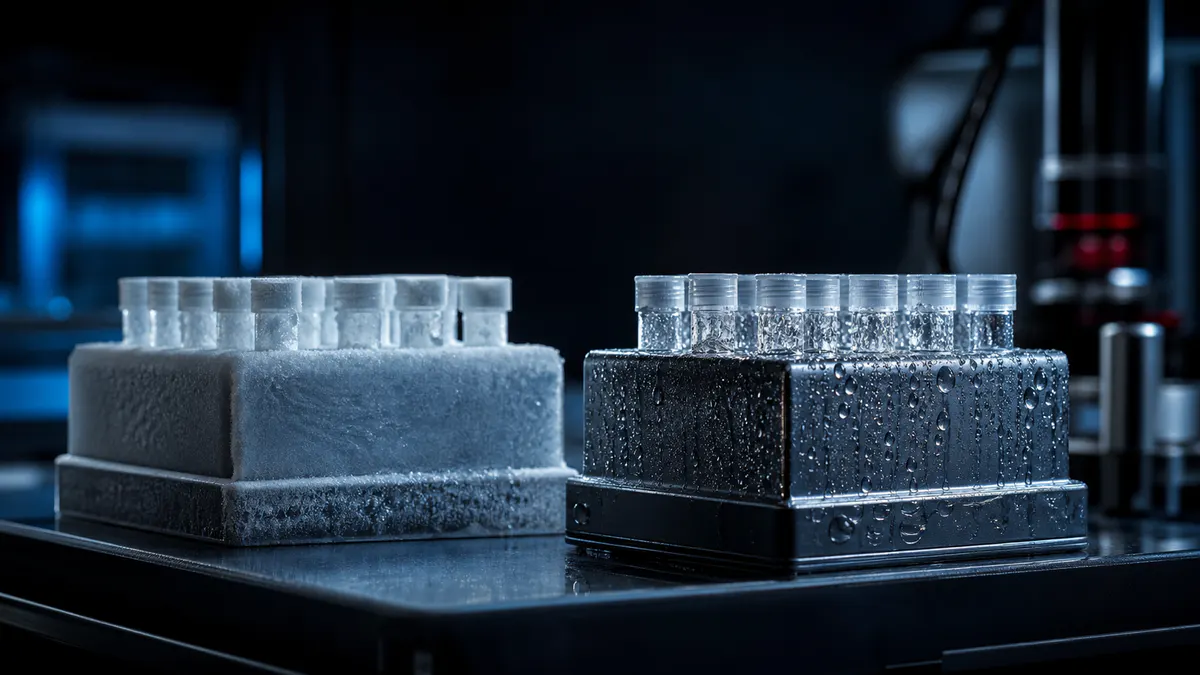 Editorial laboratory scene for Freeze-thaw cycles and peptide stability