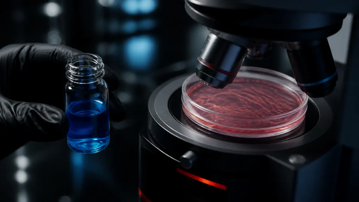 Editorial laboratory scene for GHK-Cu and skin-research mechanism, copper signaling explained