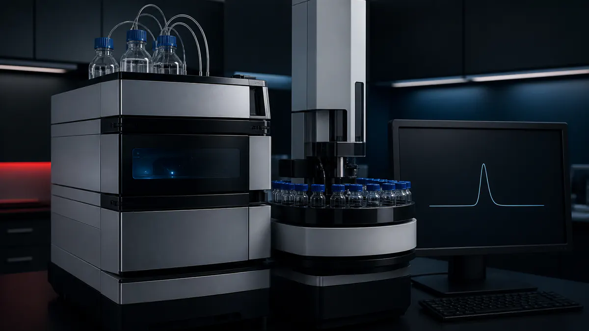 Editorial laboratory scene for How to read an HPLC chromatogram on a batch COA