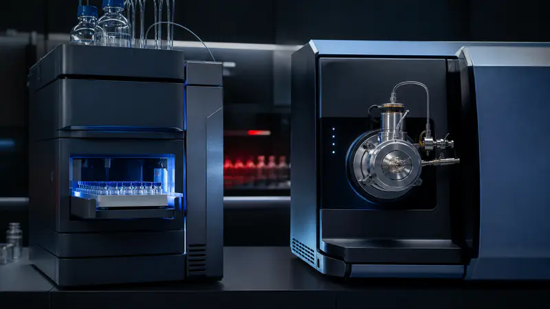 Editorial laboratory scene for HPLC vs LC-MS for peptide identity verification
