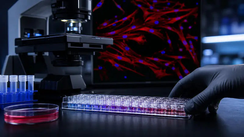 Editorial laboratory scene for IGF-1 LR3: long-arginine-3 IGF-1 analog for muscle research