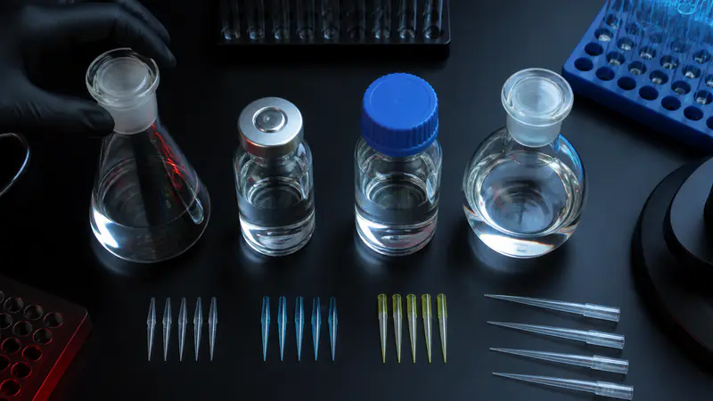 Editorial laboratory scene for Peptide carrier solvents: bacteriostatic, sterile, PBS, acetic-acid