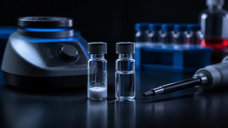 Editorial laboratory scene for Peptide solubility troubleshooting: when your vial won't dissolve