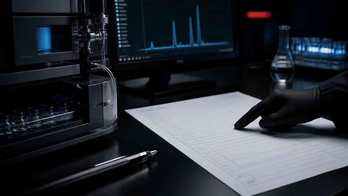 Editorial laboratory scene for Reading a peptide Certificate of Analysis: field by field