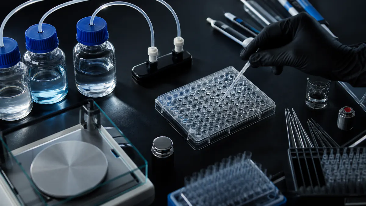 Editorial laboratory scene for Designing peptide stack research: blend ratios and reproducibility