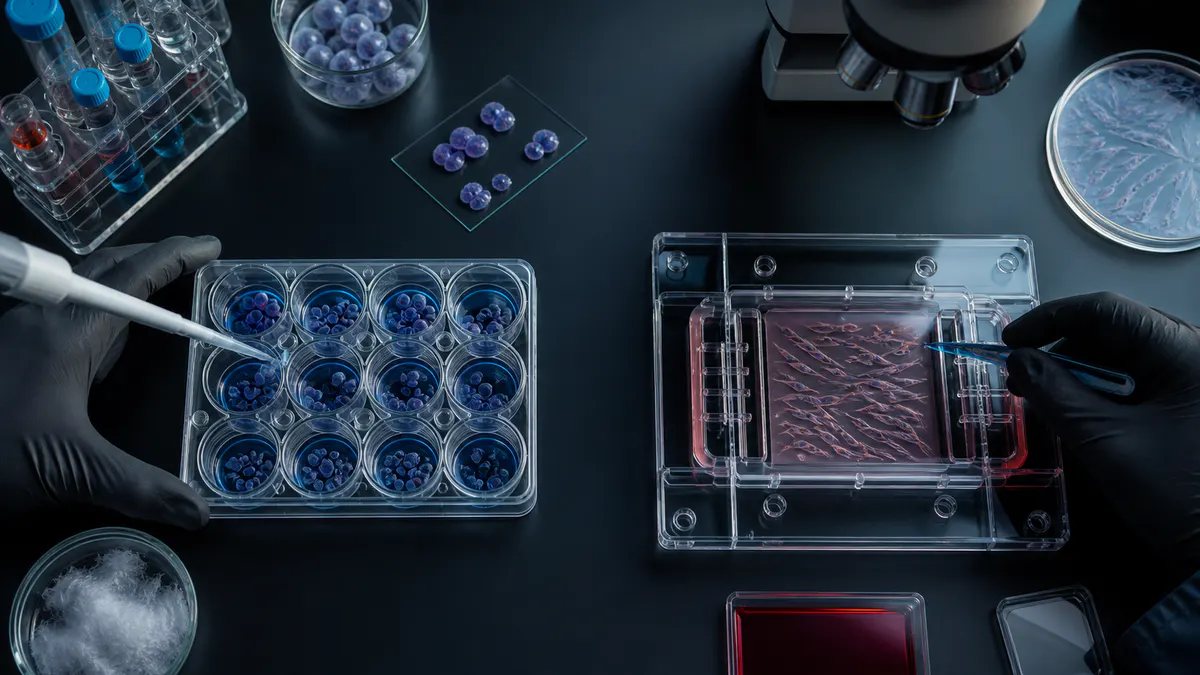 Editorial laboratory scene for Thymosin alpha-1 vs beta-4: two confused peptides