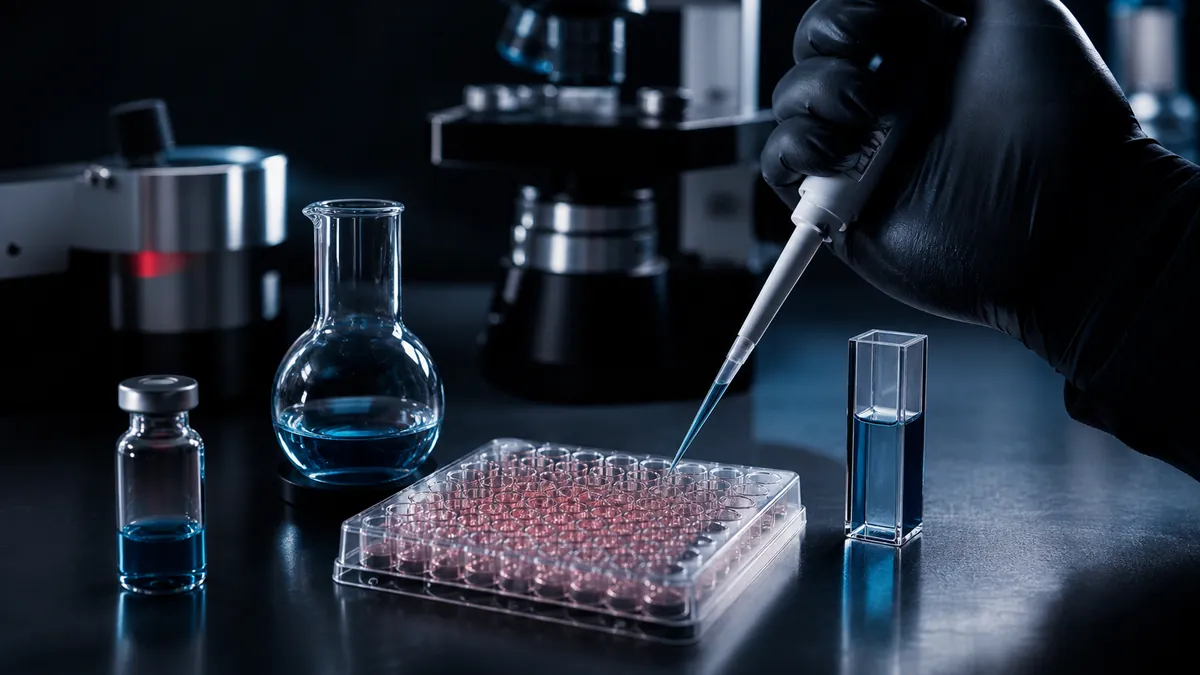 Researcher pipetting a copper-blue sample into a cell-culture plate