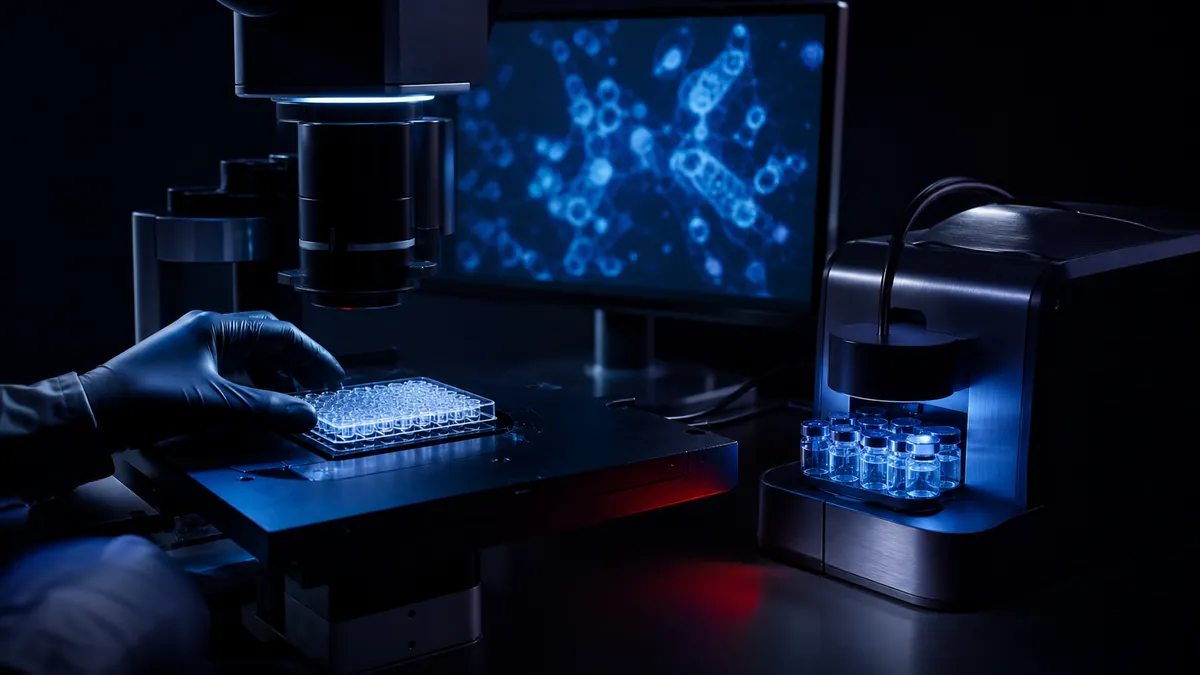Researcher preparing a microplate at a fluorescence imaging workstation