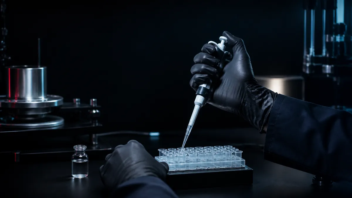 Researcher preparing microtube samples with a precision pipette in a controlled laboratory