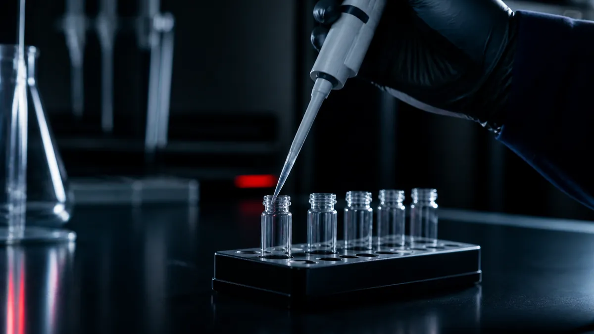 Researcher preparing unlabeled laboratory vials with a precision pipette