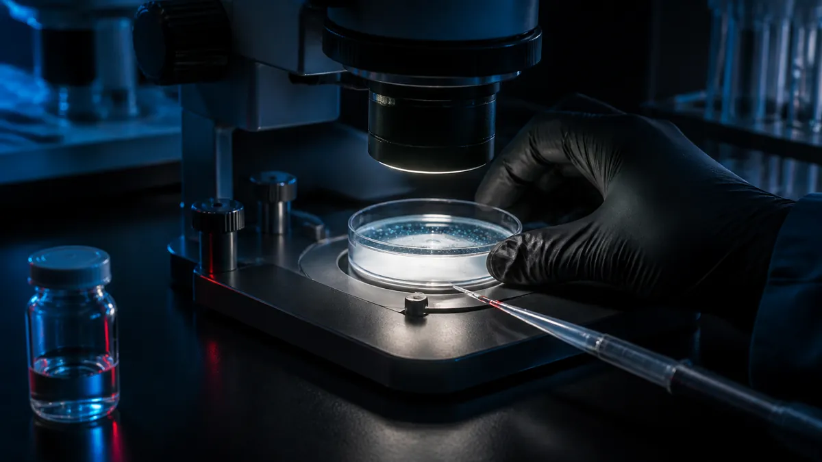 Researcher positioning a cell-culture dish beneath a laboratory microscope